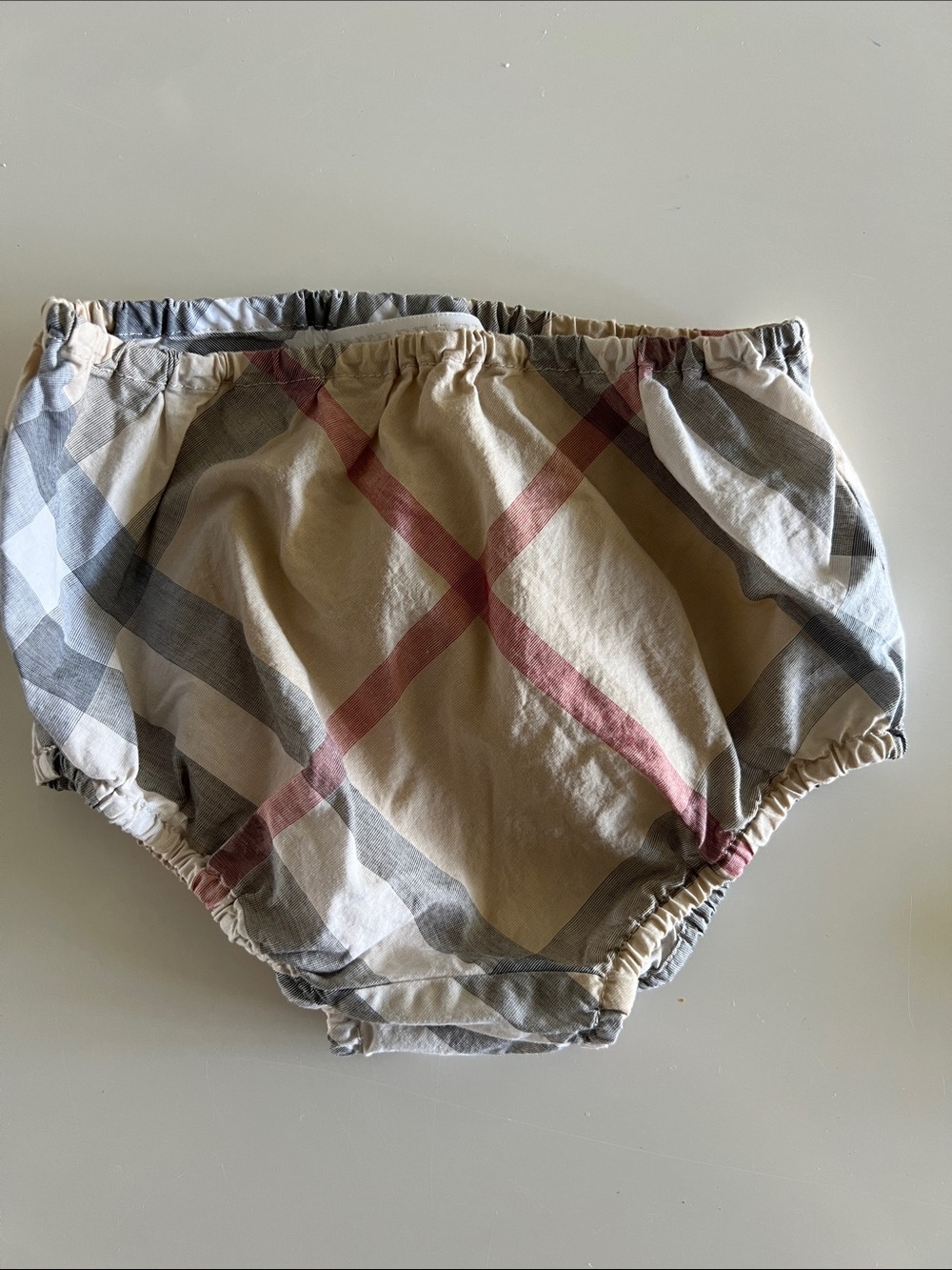 Burberry Beige Plaid Diaper Cover with black tan red white stripes